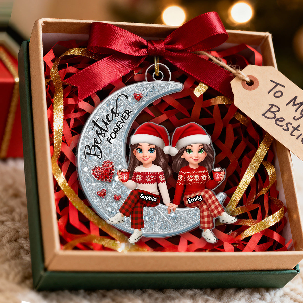 3D Shinning Effect Besties Forever On Moon - Personalized Acrylic Ornament