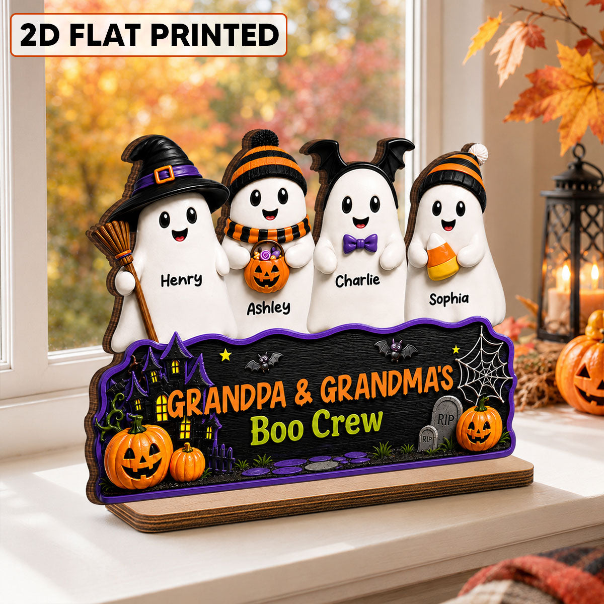Halloween Grandma Grandpa Haunted House Cute Boo Crew Kids - Personalized 2-Layered Wooden Plaque - Halloween Decoration For Grandparents