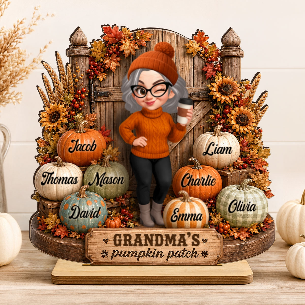 Grandma's Pumpkin Patch Rustic Farmhouse - Personalized 2-Layered Wooden Plaque - Fall Decor for Grandma