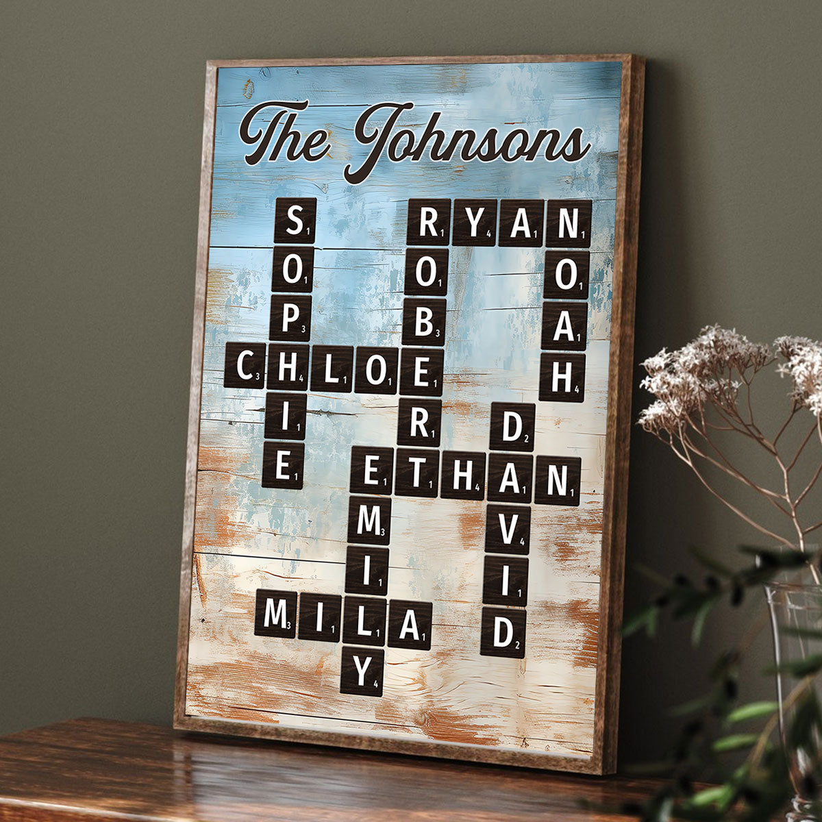 Family Crossword Puzzle Blue Rustic Wood Palette - Personalized Poster - Wall Art Home Decor