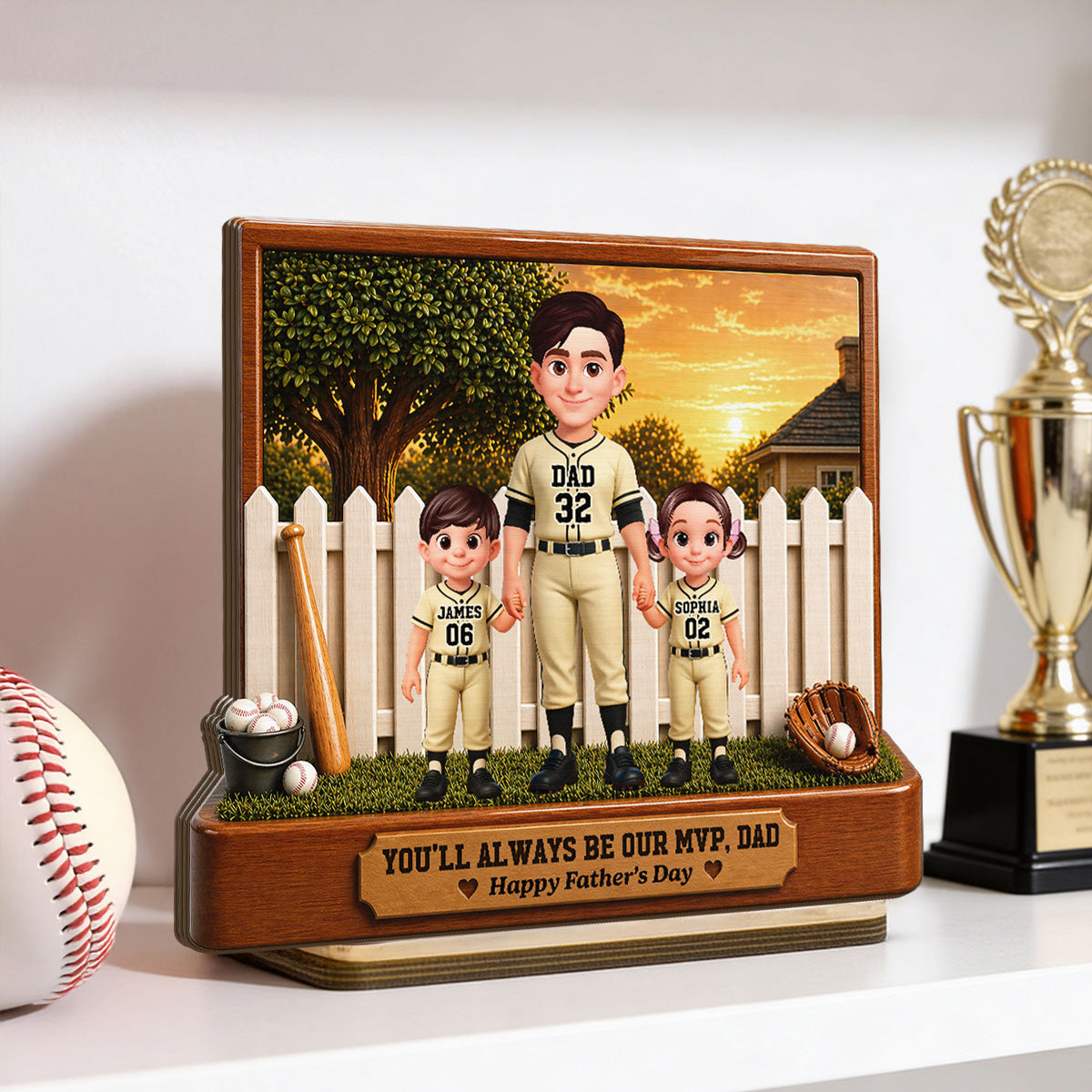 Baseball Dad And Kids Backyard We Caught The Best Dad - Personalized 2-Layered Wooden Plaque -  Gift For Dad