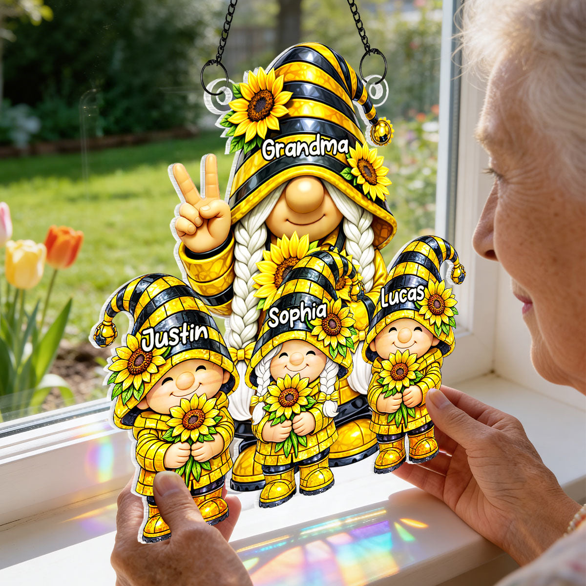 Grandma Grandkids Gnome Sunflower - Personalized Suncatcher - Gift For Grandma