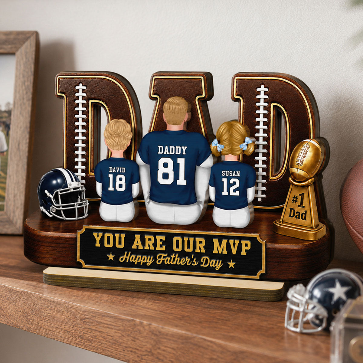 American Football Dad Legend Daddy's Dream Team - Personalized 2-Layered Wooden Plaque - Unique Trending Birthday Gift For Dad, Husband, Football Fans