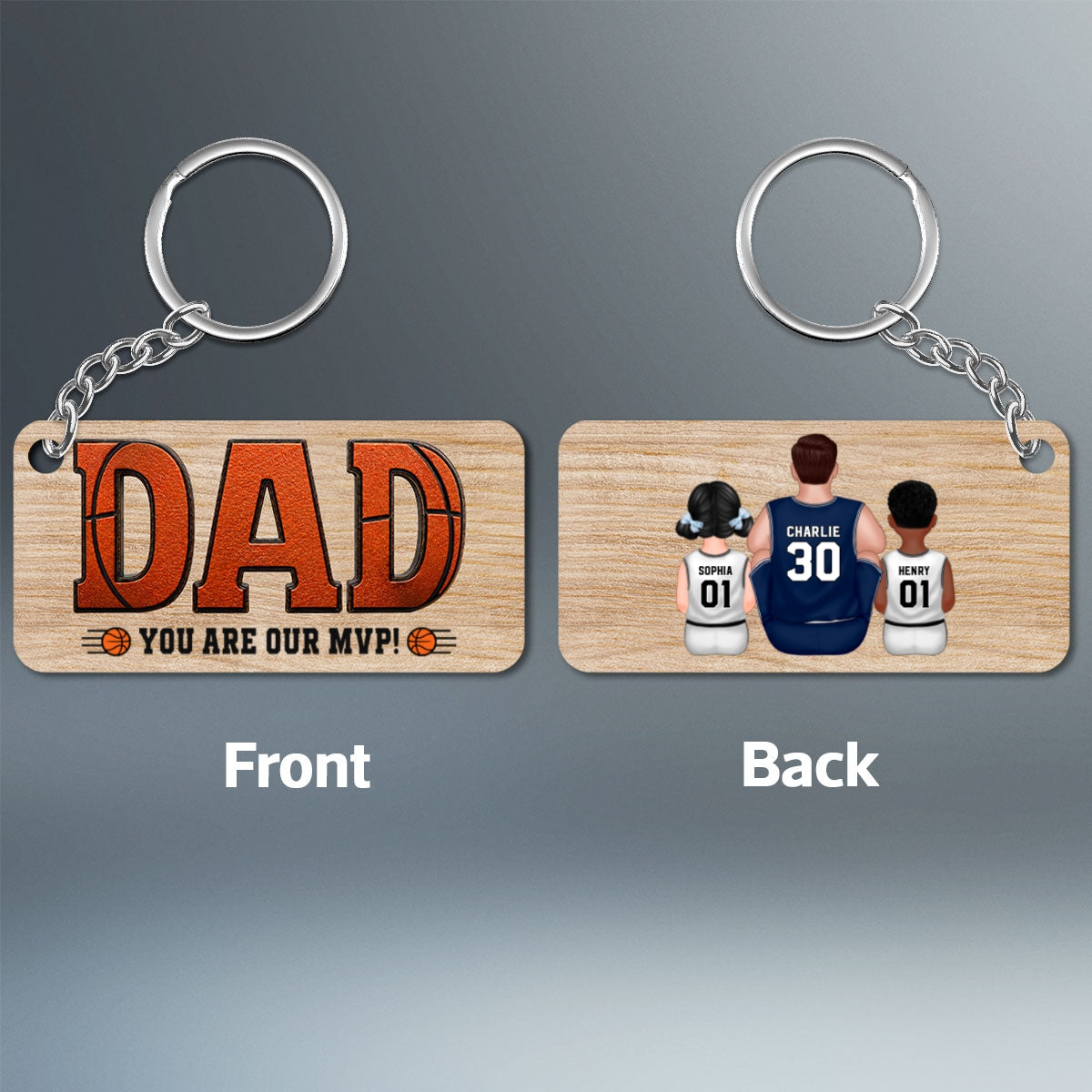Dad You Are Our MVP Sitting Basketball Man & Kids - Personalized Wooden Keychain - Father's Day Gift For Basketball Dad