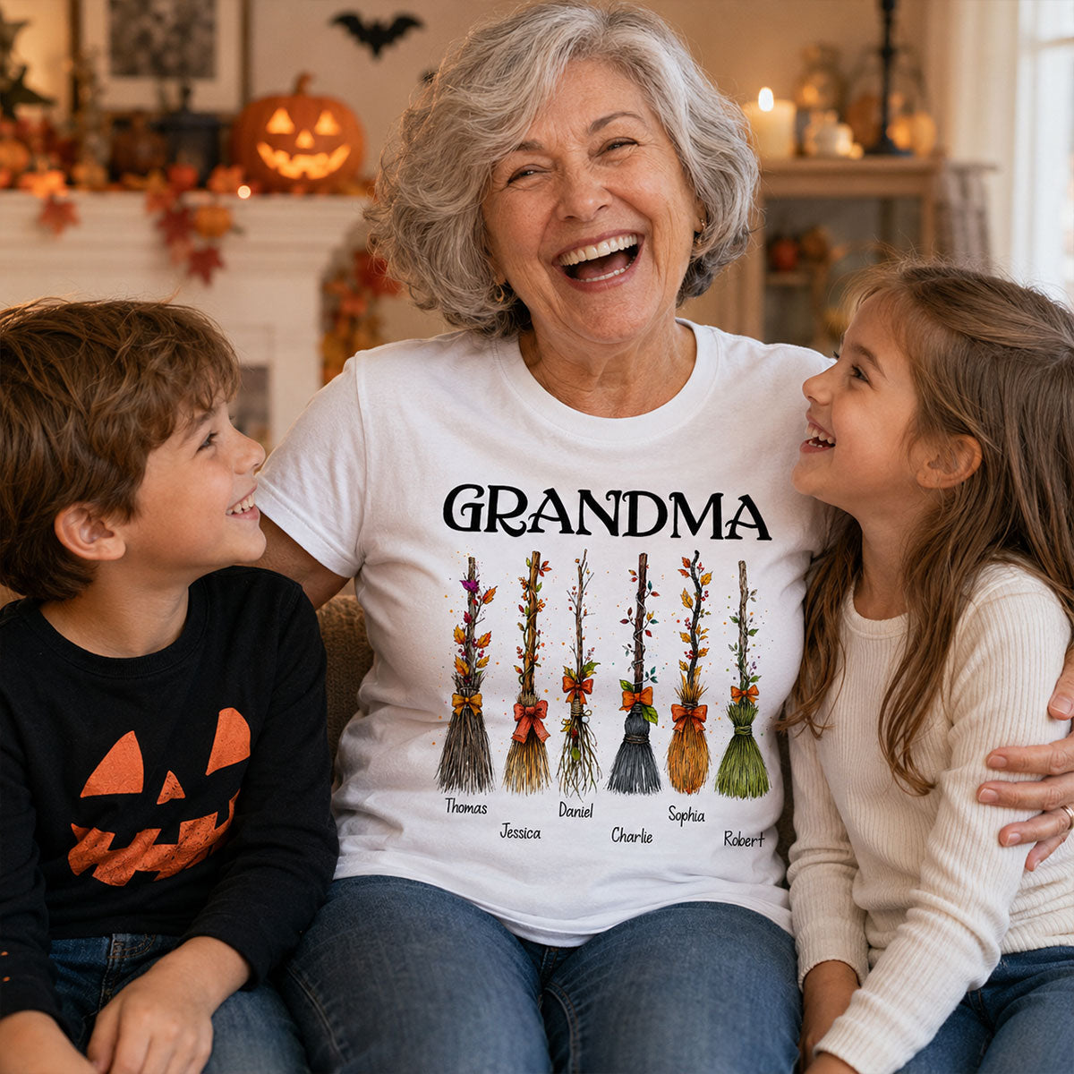 Grandma Witch Beautiful Broomsticks Custom Grandkids Names - Personalized Shirt - Halloween Gift For Grandma