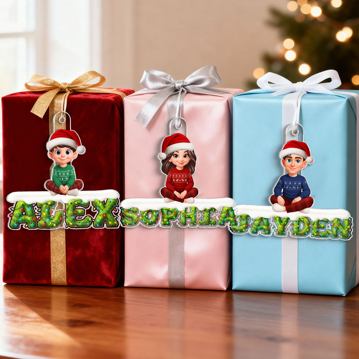 3D Effect Festive Green Pattern Family Member Name - Personalized Acrylic Ornament - Gift For Family