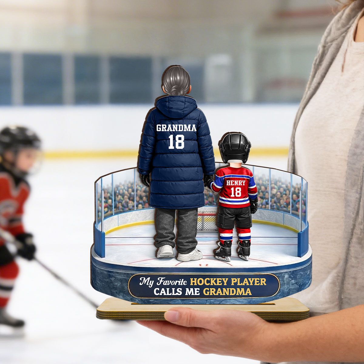 Hockey Grandma And Grandkids On The Ice - Personalized 2-Layered Wooden Plaque - Heartfelt Gift For Grandma