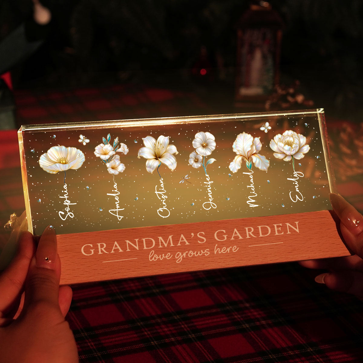 Grandma's Garden 3D Effect Birth Month Flowers - Personalized Acrylic Block LED Night Light - Gift For Grandma