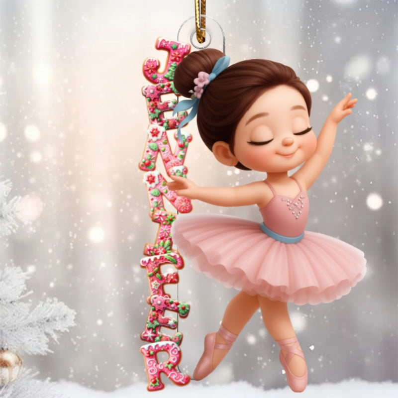 Little Girl Balletina Dance Custom Name Pink Gingerbread Pattern - Personalized Acrylic Ornament - Heartwarming Christmas Gift For Kid