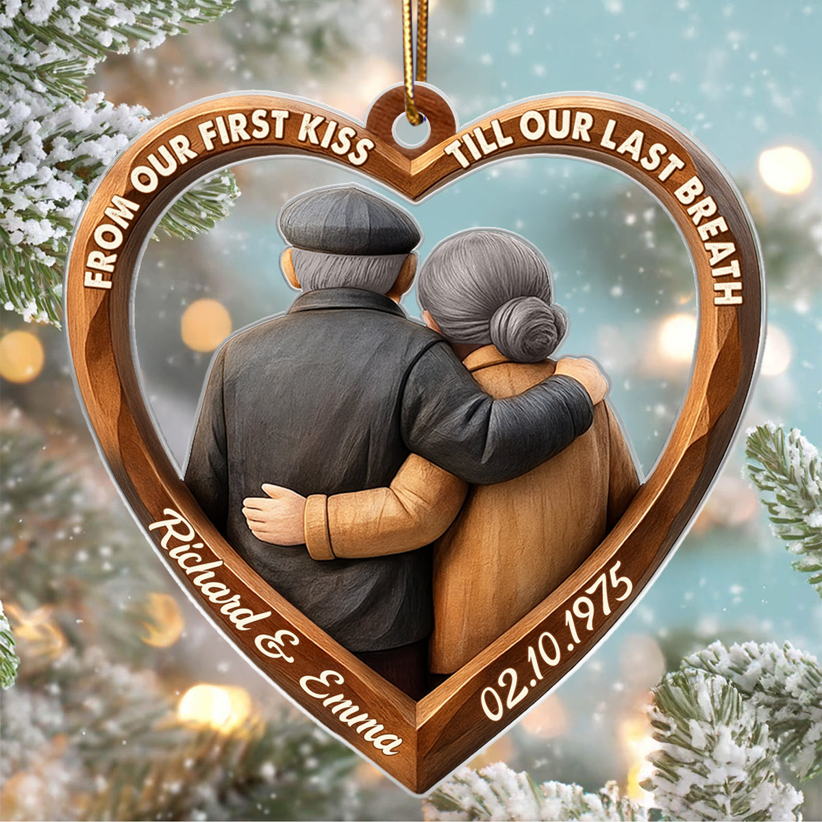 3D Effect Wooden From Our First Kiss Till Our Last Breath Couple - Personalized Acrylic Ornament - Christmas Gift for Couples