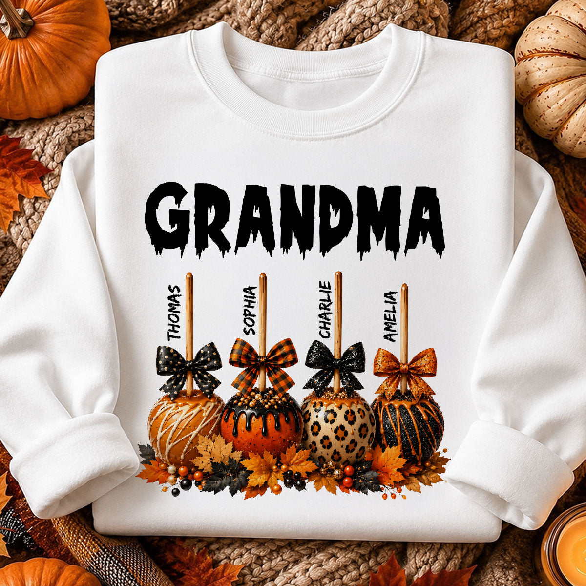 Trending Fall Season Halloween Grandma Fall Caramel Apples Custom Kids Names - Personalized Shirt - Fall Halloween Shirt For Grandma