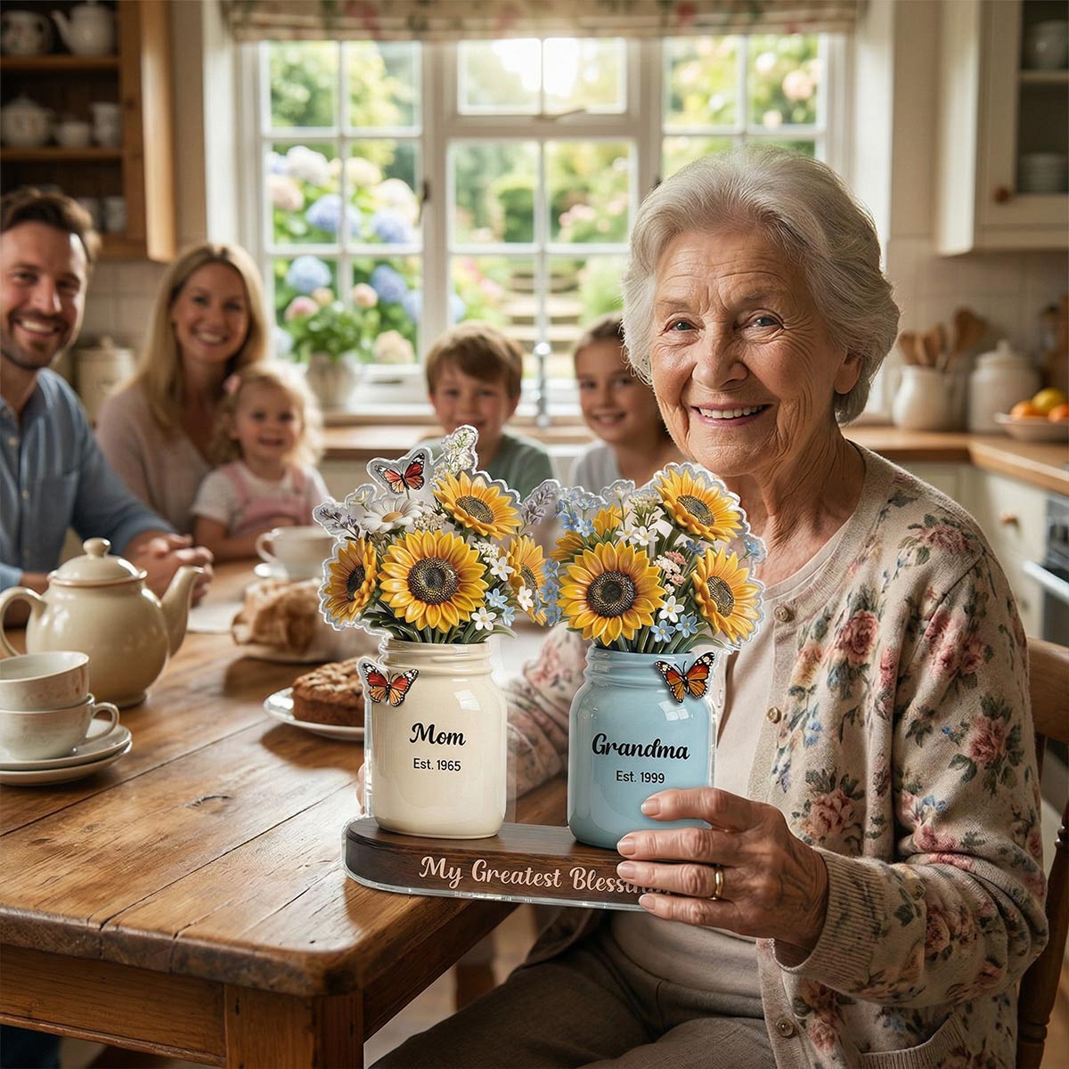 Mom Grandma Great Grandma Sunflowers Jars Est. Years 2D Flat - Personalized Acrylic Block Plaque