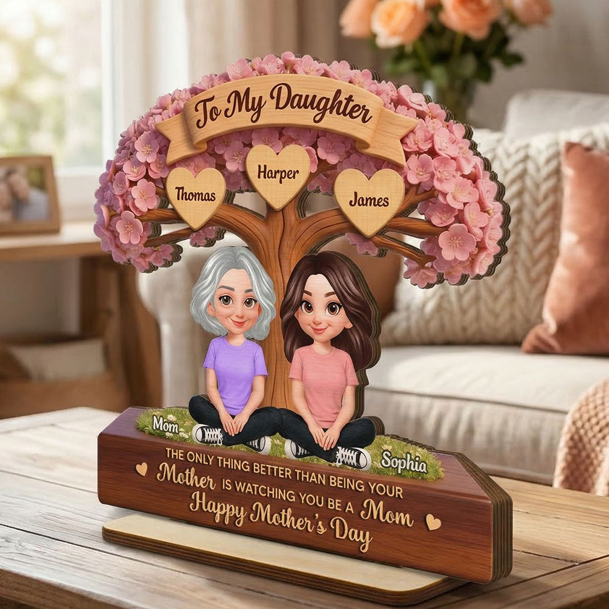 Blossom Tree To My Daughter From Mom Happy Mother's Day Custom Kids Names - Personalized 2-Layered Wooden Plaque - Mother's Day Gift For Daughter