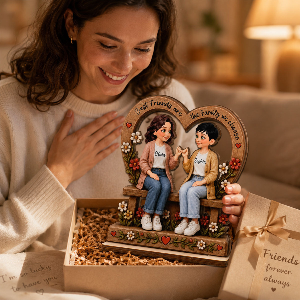 Best Friends Are The Family We Choose Pinky Promise Besties Sitting 2D Flat - Personalized 2-Layered Wooden Plaque - Birthday Gift, Friendship Gift for Best Friends