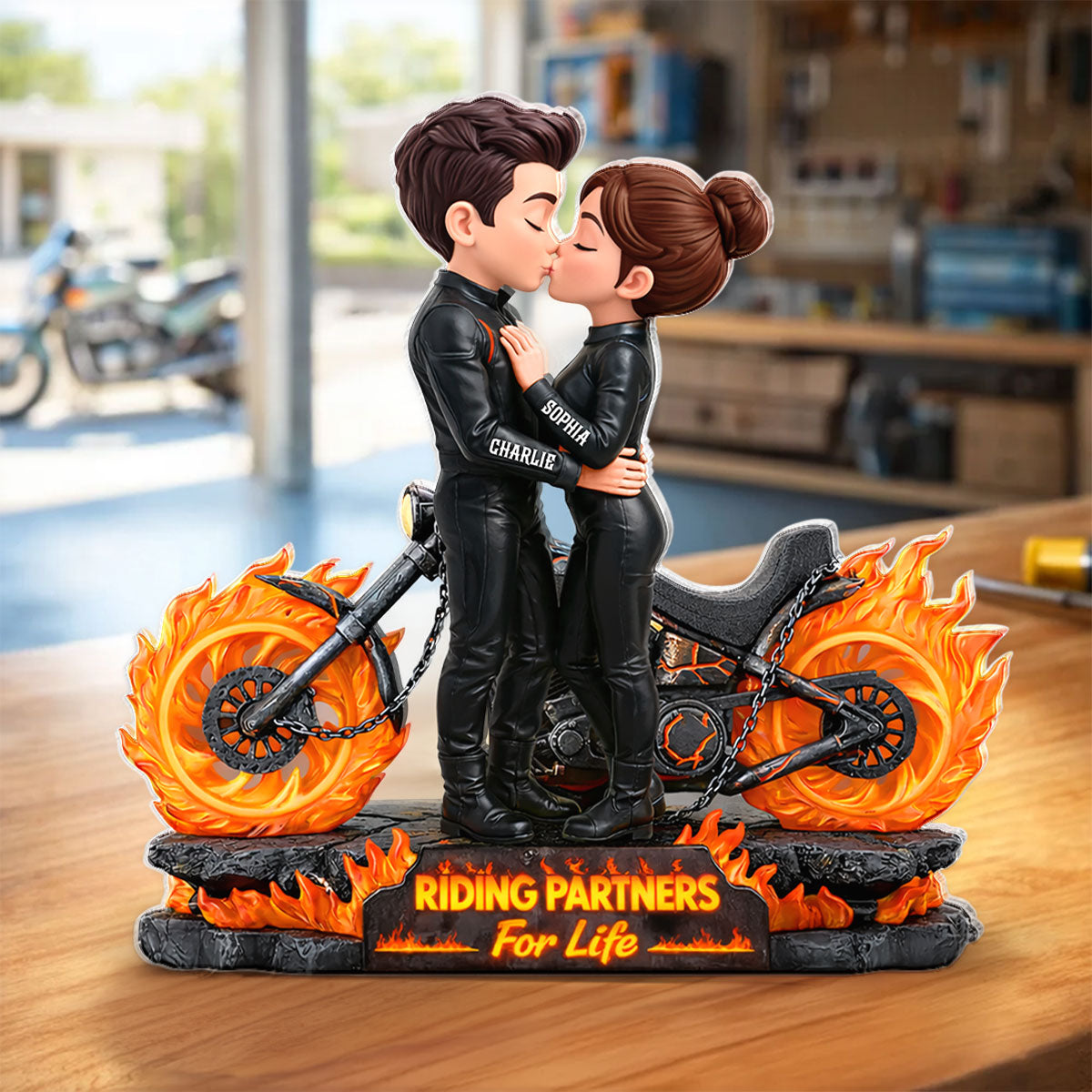 Biker Couple Fire - Personalized Acrylic Block Plaque - Sentimental Gift for Her, for Him