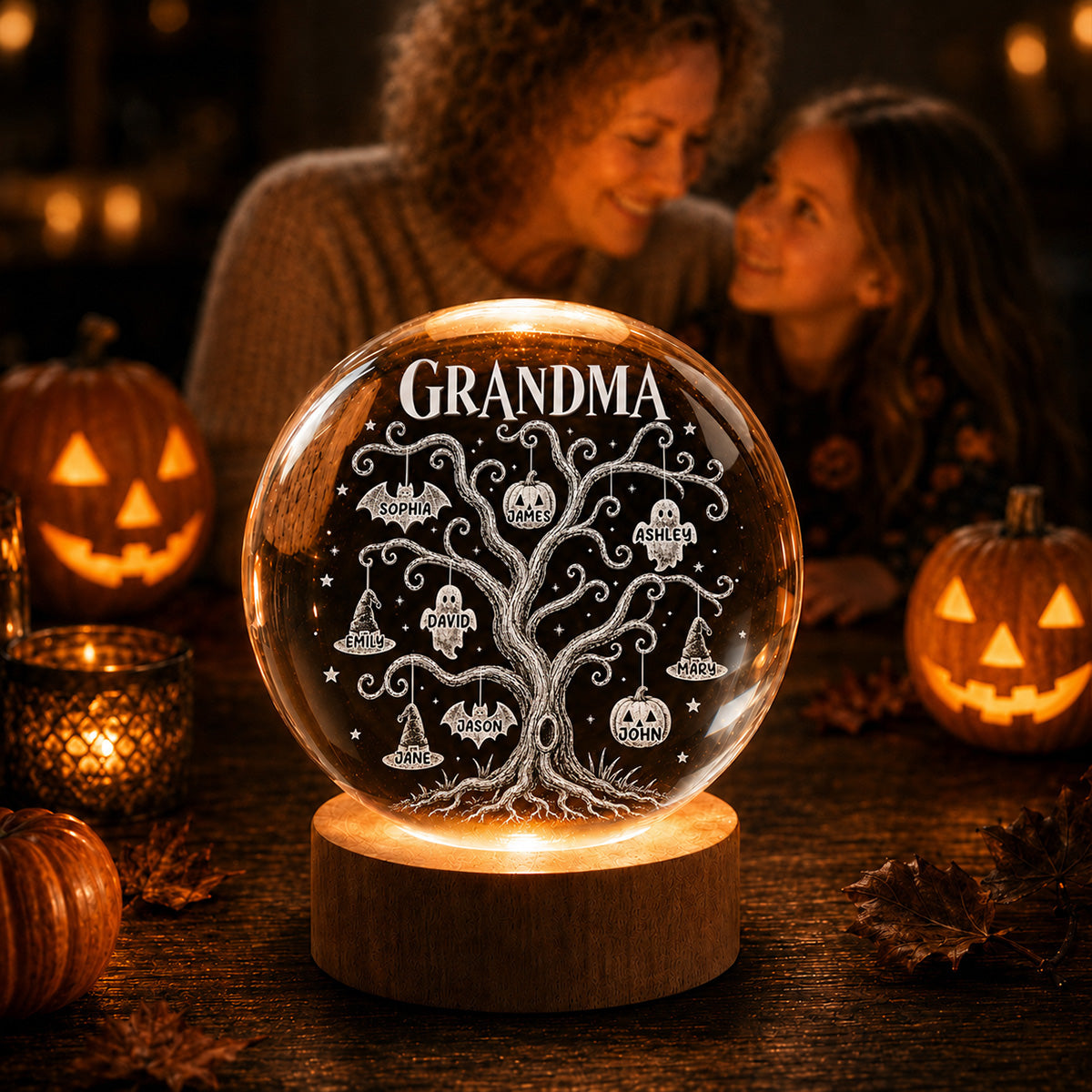 Halloween Tree With Kids Names - Personalized Crystal Ball Night Light - Halloween Gift For Grandma
