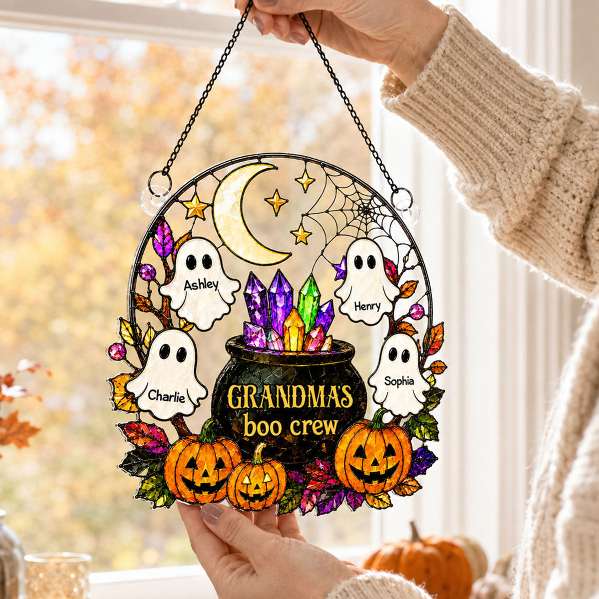 Spooky Grandma's Boo Crew Cauldron - Personalized Acrylic Window Hanging - Halloween Decoration For Grandma