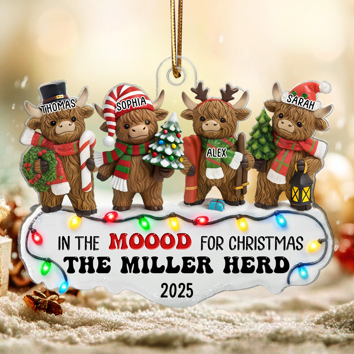 3D Effect Highland Cows Standing Family Herd In The Moood For Christmas - Personalized Acrylic Ornament