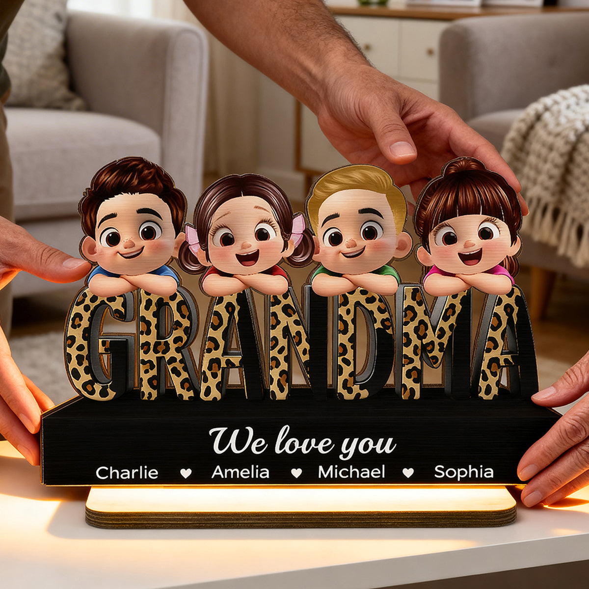 Grandma We Love You Leopard Pattern - Personalized 2-Layered Wooden Plaque - Heartfelt Gift for Grandma