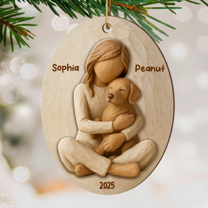 3D Effect Girl & Her Dog - Personalized Wooden Ornament - Gift For Dog Lover