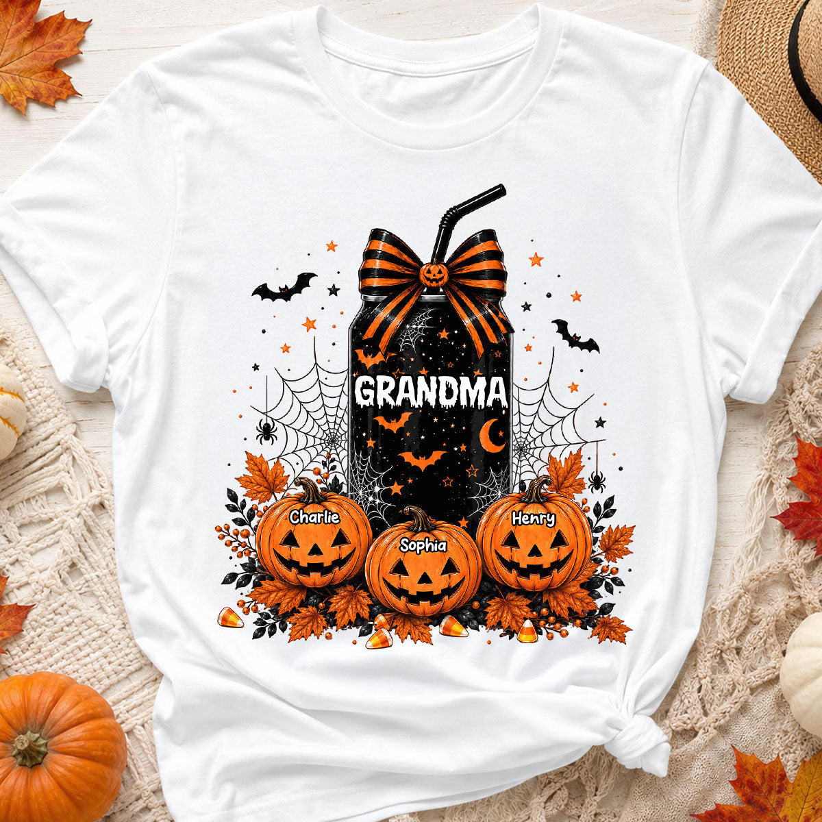 Trending Halloween Retro Soda Grandma Custom Kids Names - Personalized Shirt - Halloween Shirt For Grandma