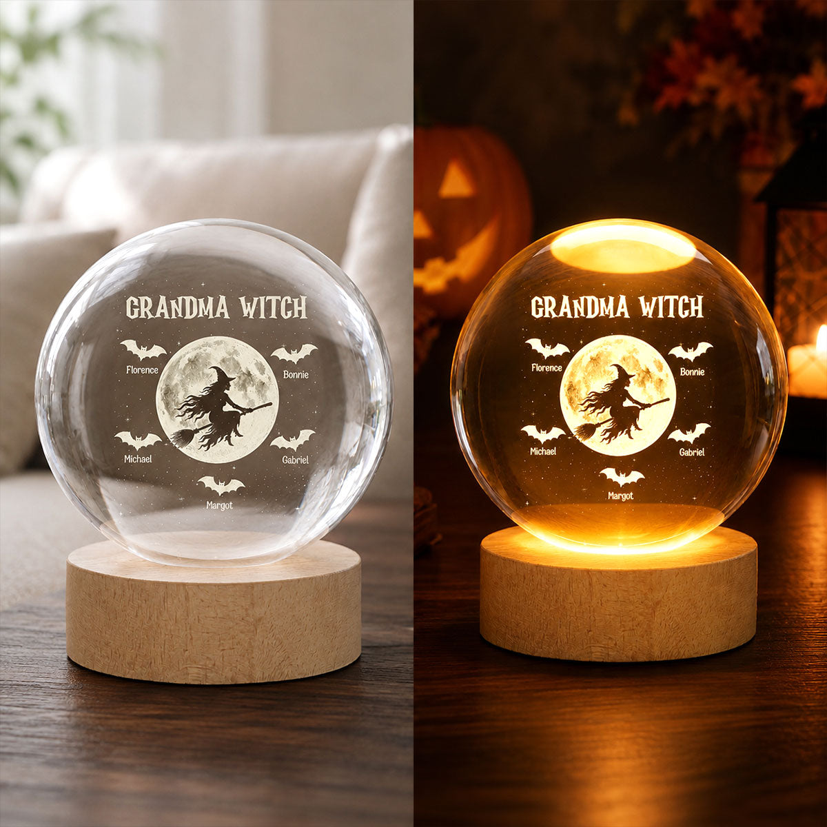 Grandma Witch With Kids Names - Personalized Crystal Ball Night Light - Halloween Gift