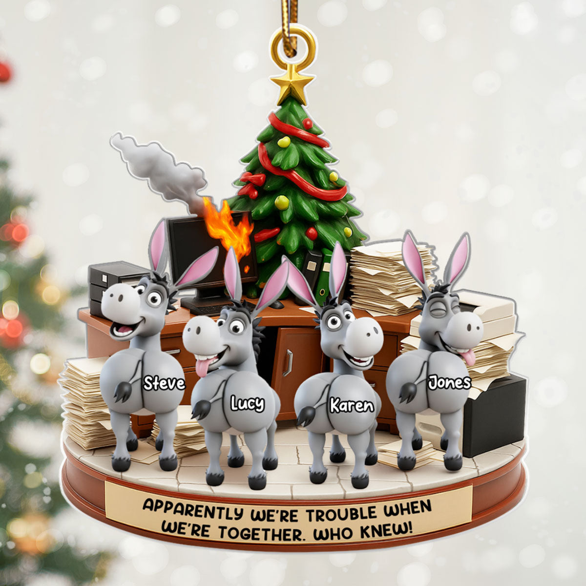 Trouble Together Donkey Coworker Office Decoration - Personalized Acrylic Ornament - Custom Employee Gift Exchange, White Elephant Gift