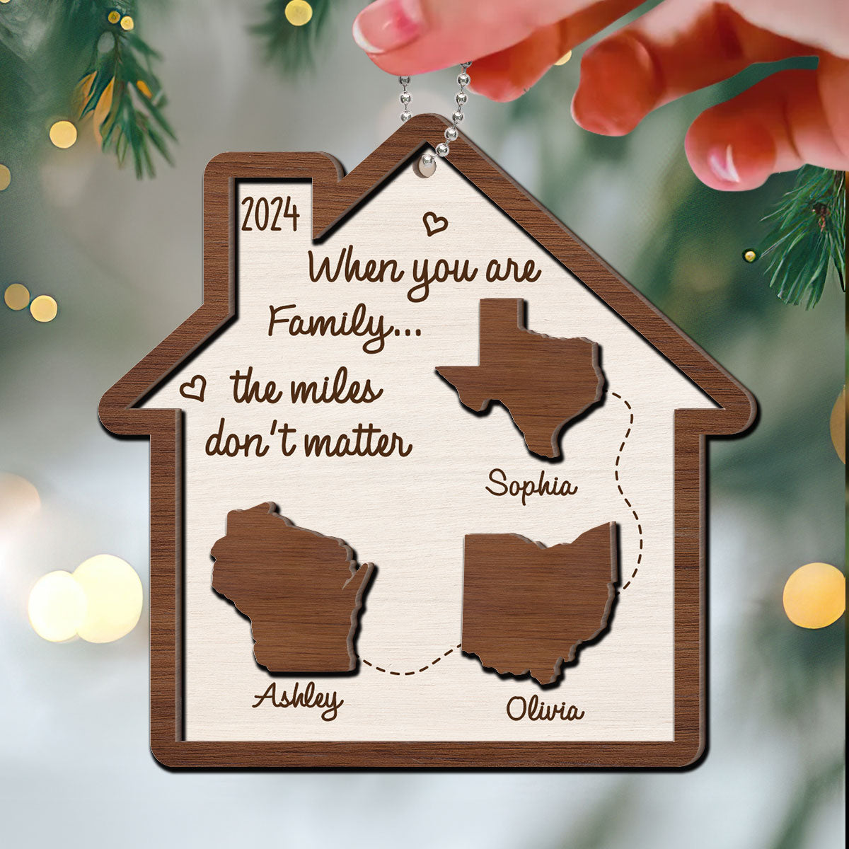 Long Distance Family State Maps Personalized 2-Layer Wooden Ornament, Togetherness Ornament