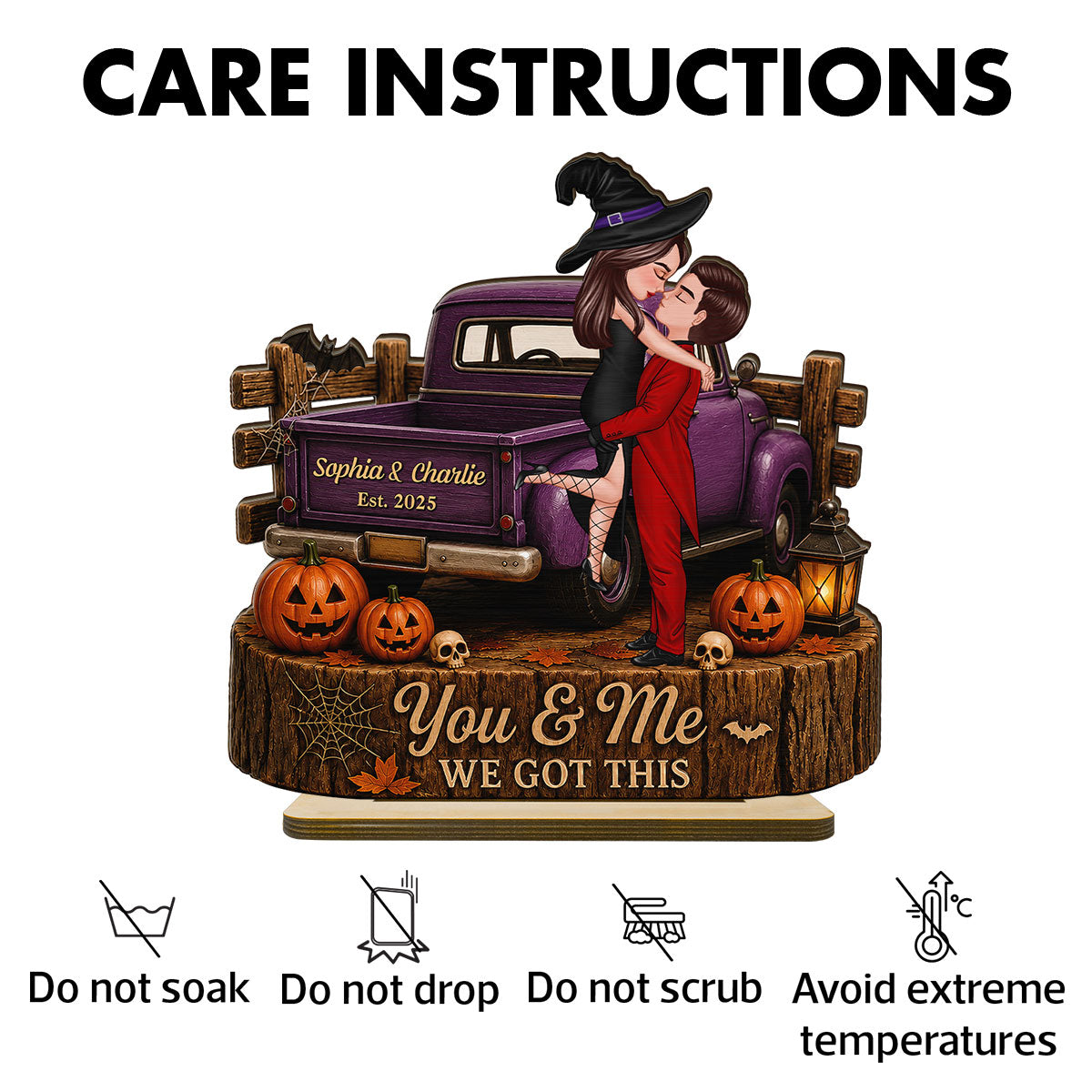 Spooky Halloween Couple Kissing - Personalized 2 Layered Wooden Plaque - Gift For Couple, Him, Her