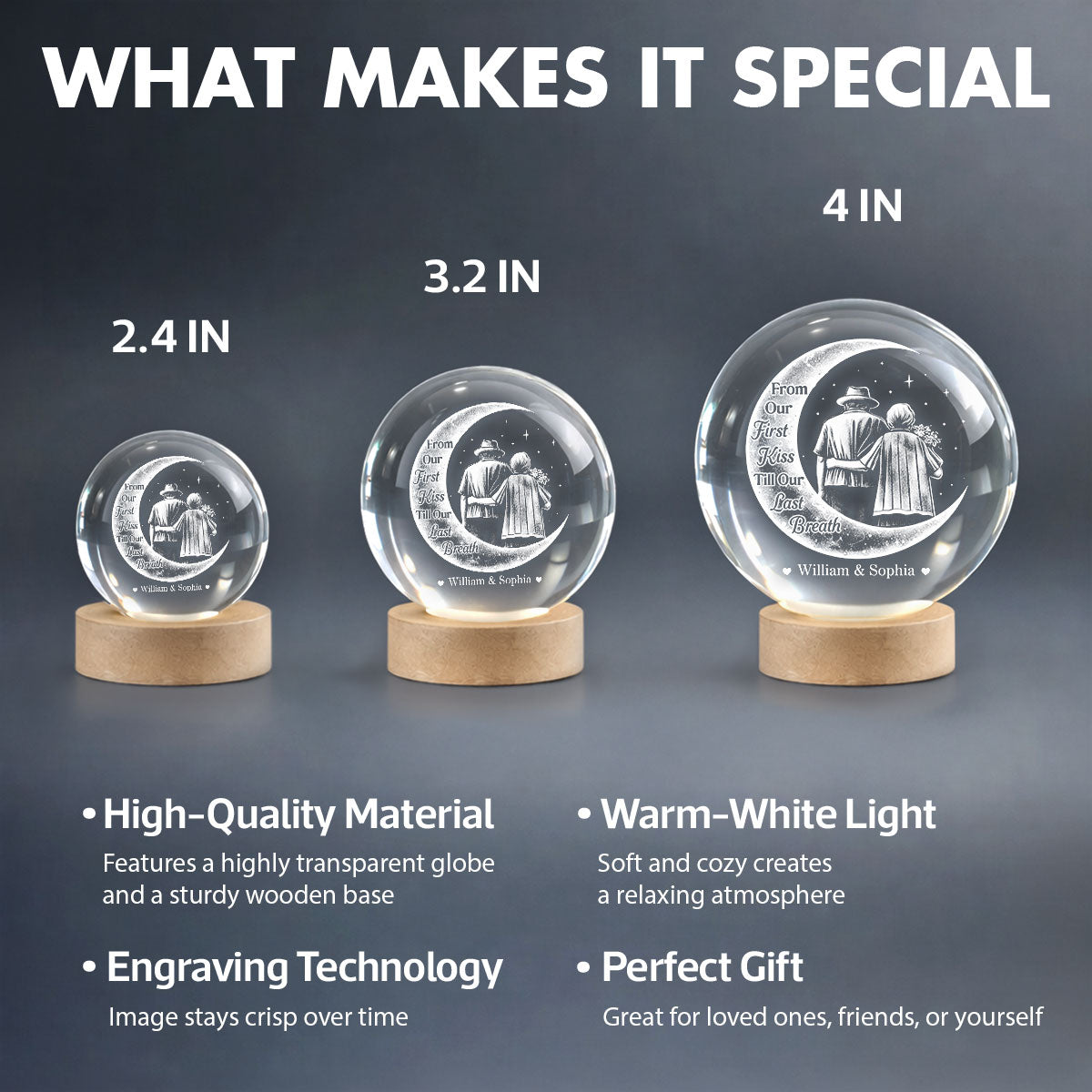 From Our 1st Kiss Till Our Last Breath - Personalized Crystal Ball LED Night Light - Heartfelt Valentine's Day Gift for Her, for Him, Couple Keepsake