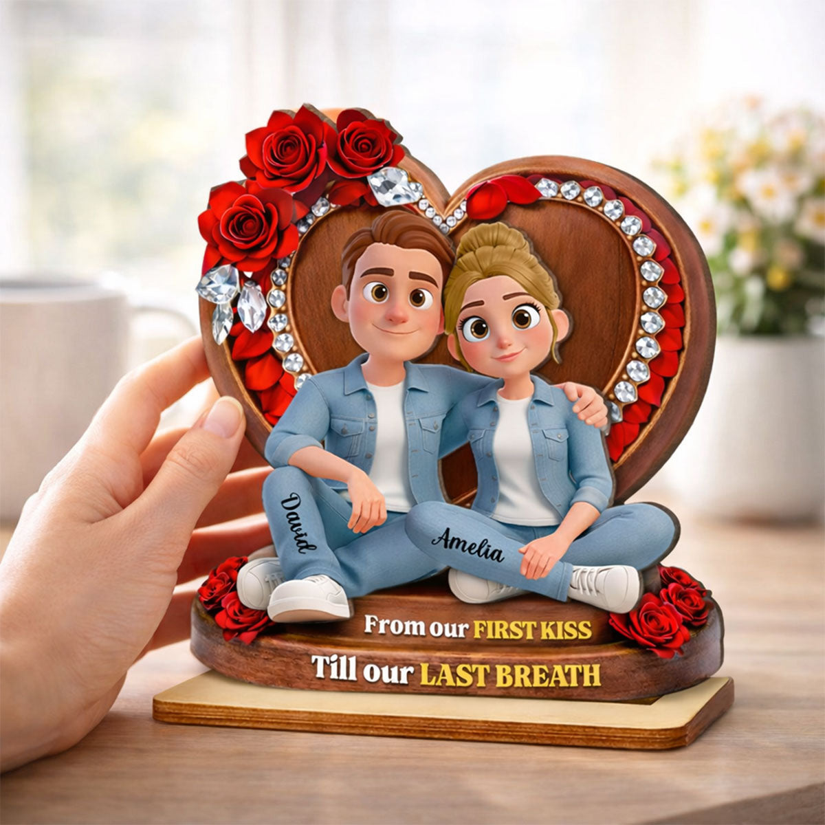 Couple Sitting Rose Heart - Personalized 2-Layered Wooden Plaque - Heartfelt Valentine's Day Gift for Her, for Him