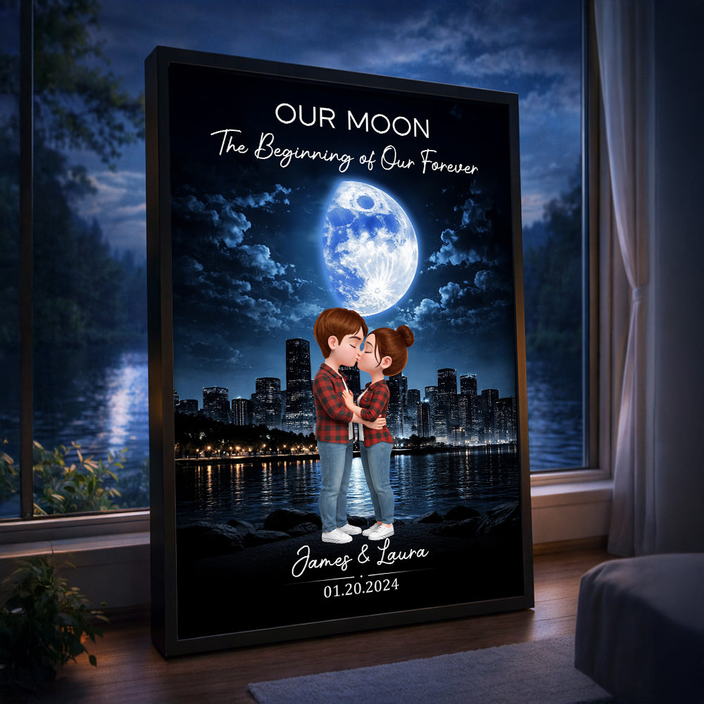 Couple Kissing Under the Moon Light City Skyline, Custom Moon Phase by Date - Personalized Poster - Sentimental Valentine's Day Gift for Her, for Him