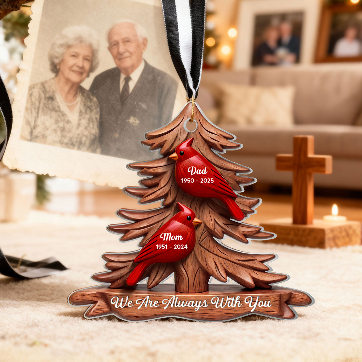 3D Effect Flat Christmas Cardinals Memorial - Personalized Ornament - Remembrance Gift, Sympathy Gift