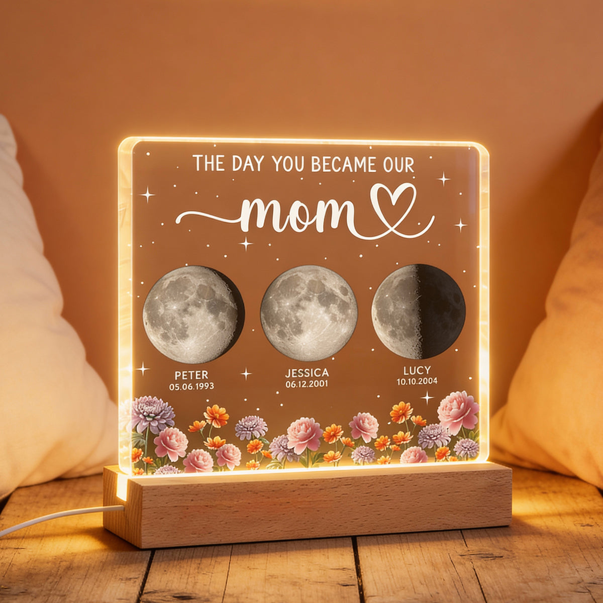The Day You Became Our Mom, Custom Moon Phase by Date - Personalized Acrylic Block LED Night Light, Custom Birth Flowers, Mother's Day Gift for Mom