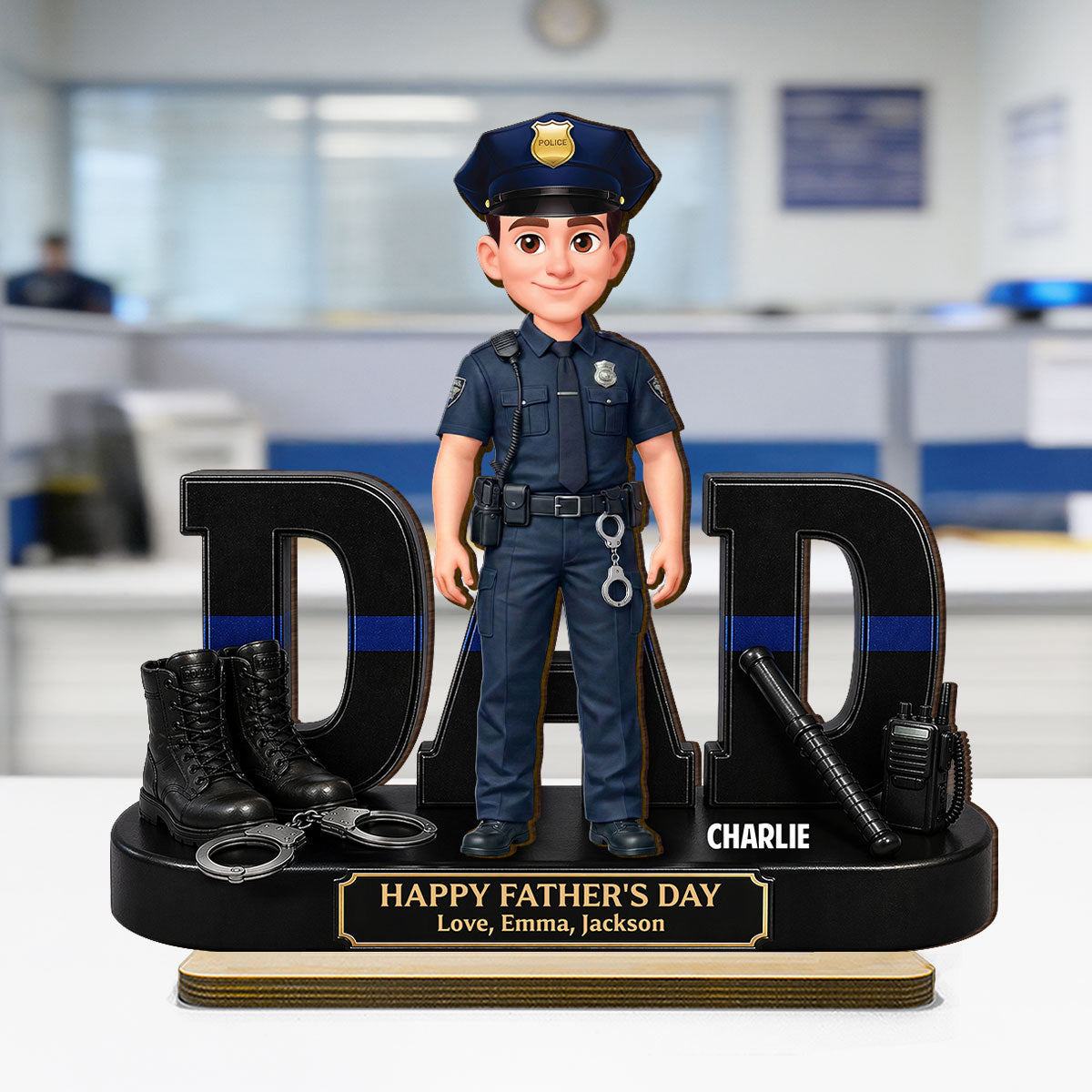 Proud American Police Officer Dad - Personalized 2-Layered Wooden Plaque -  Gift For Dad