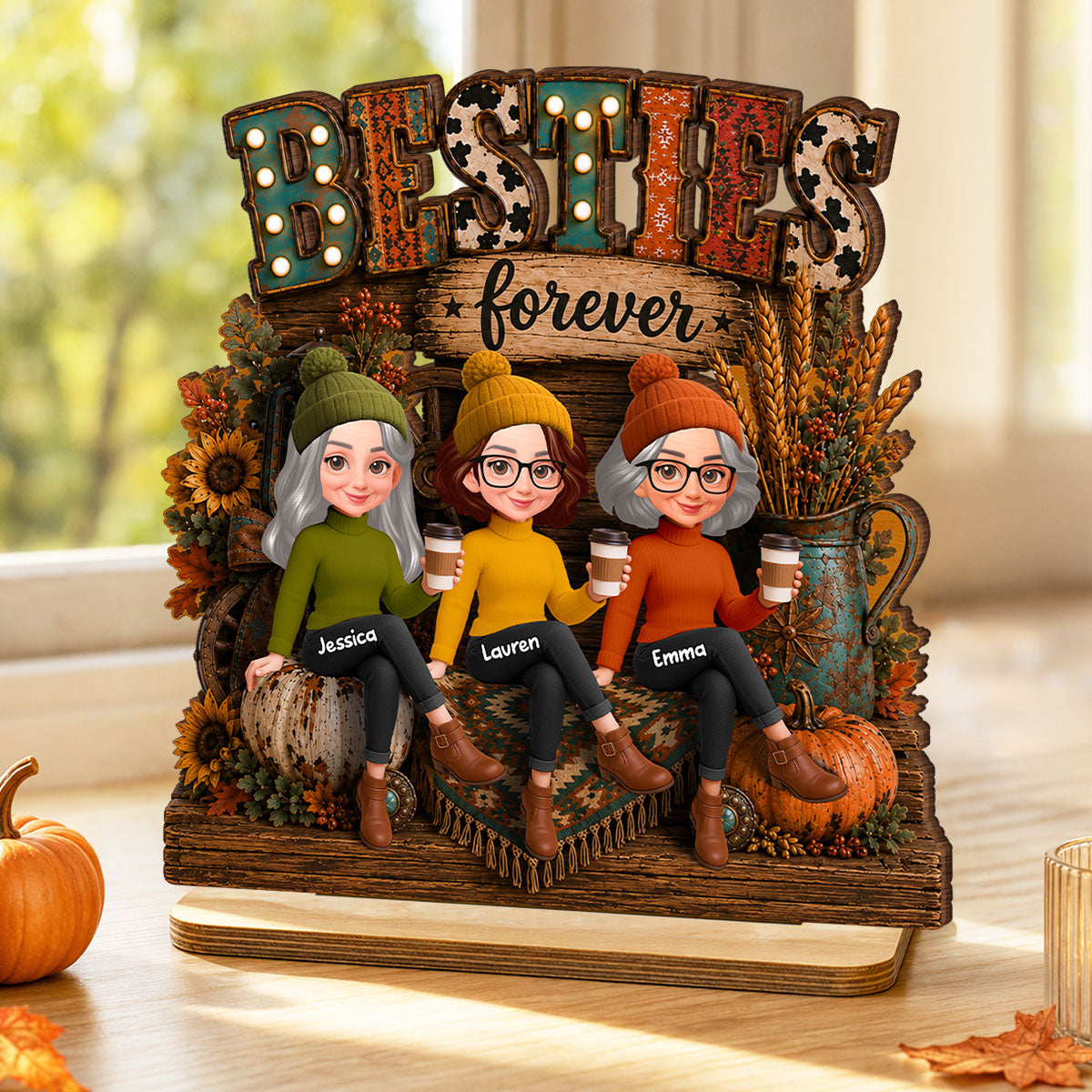Western Fall Vibe Besties Forever - Personalized 2-Layered Wooden Plaque - Cozy Fall Decor for Best Friends