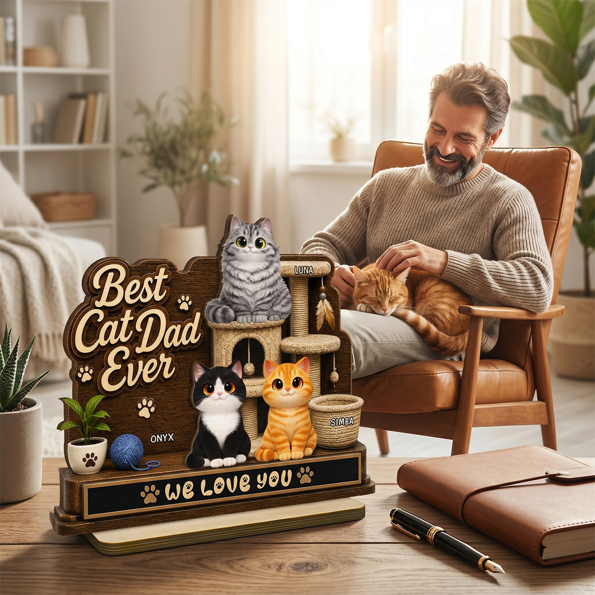 Best Cat Dad Ever Cute Cats On Cat Tree 2D Flat - Personalized 2-Layered Wooden Plaque -  Gift For Cat Dad