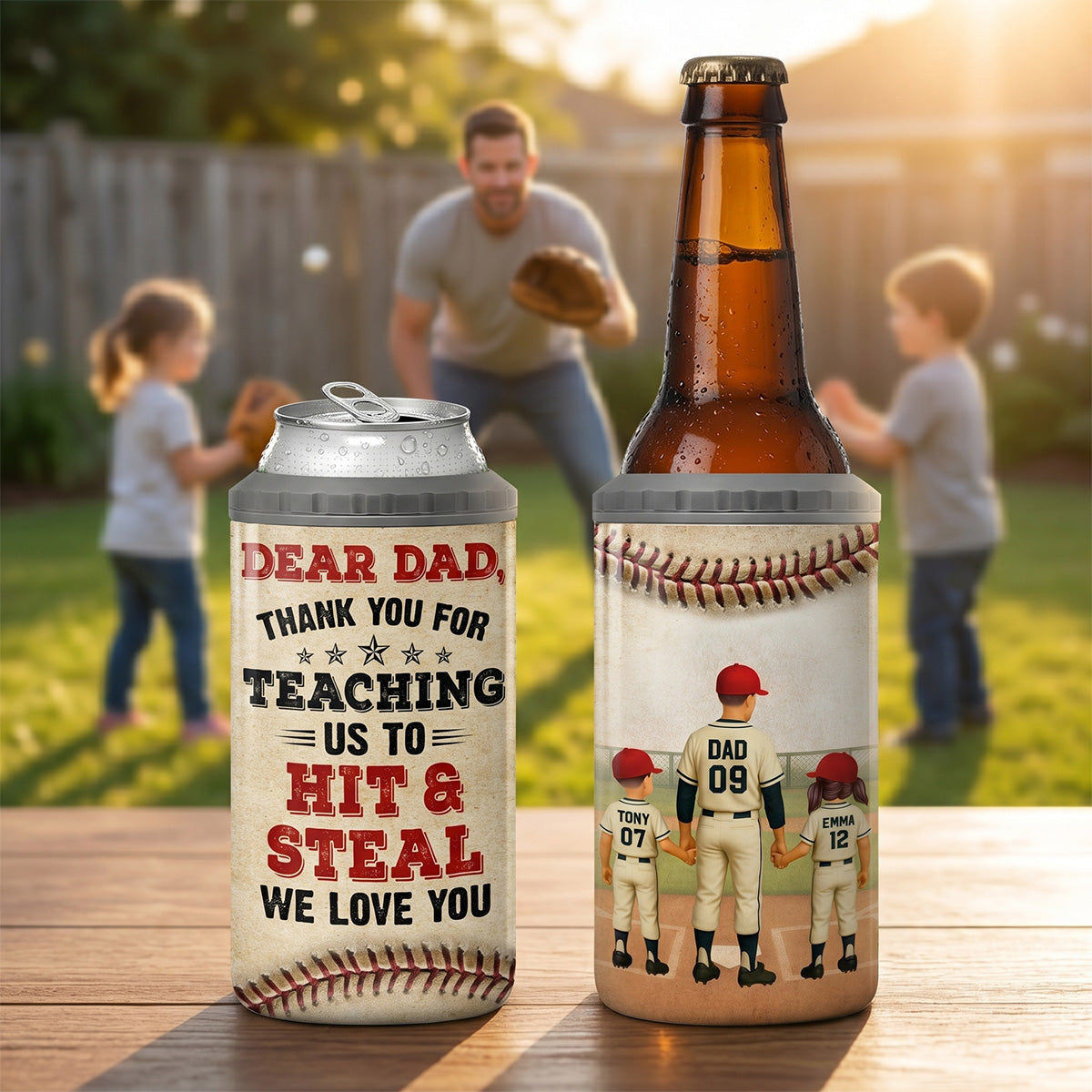 Thank You For Teaching Us To Hit & Steal Baseball Dad & Kids - Personalized Can Cooler - Father's Day Gift For Dad, Husband