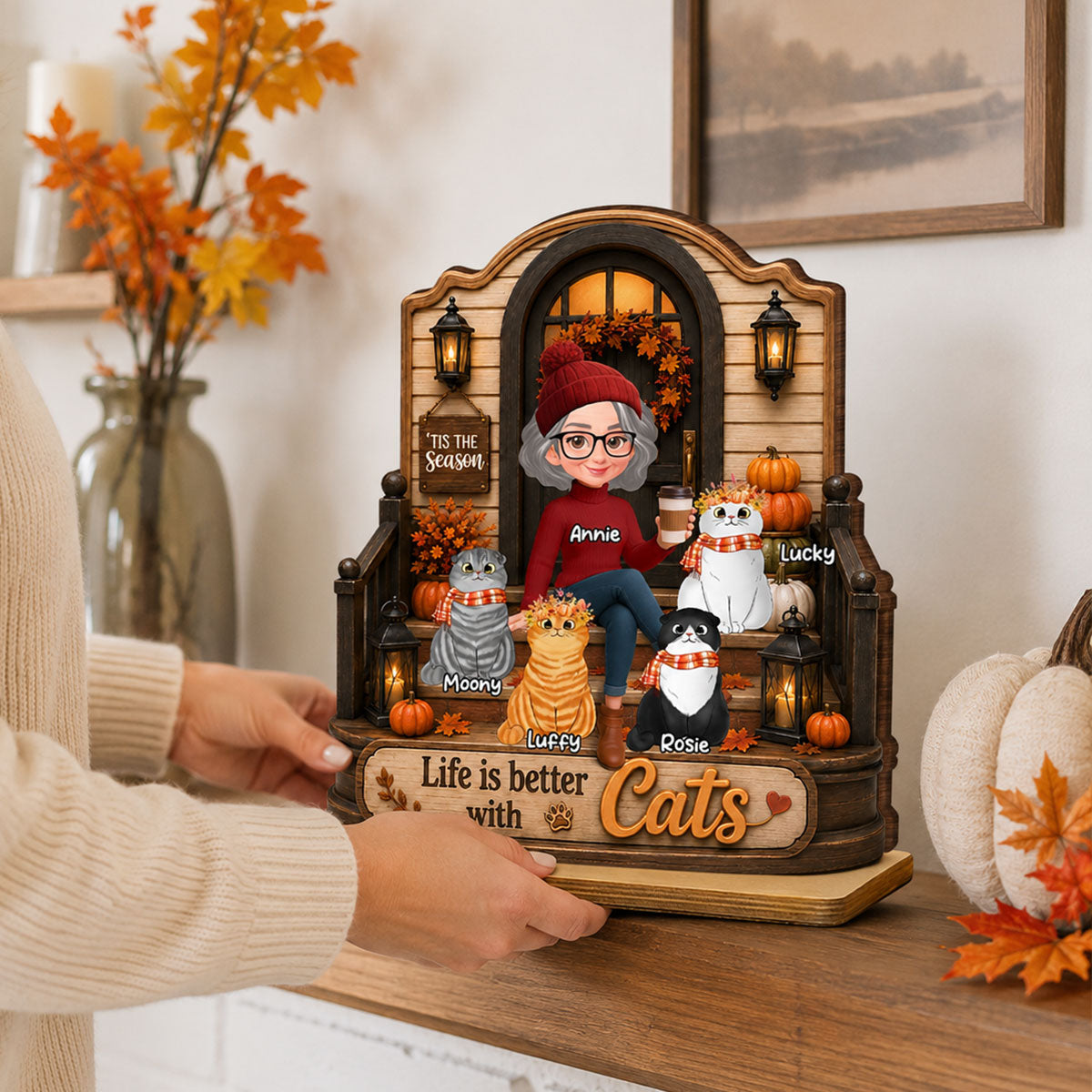 Life is Better with Cats - Personalized 2-Layered Wooden Plaque - Fall Decor for Cat Moms