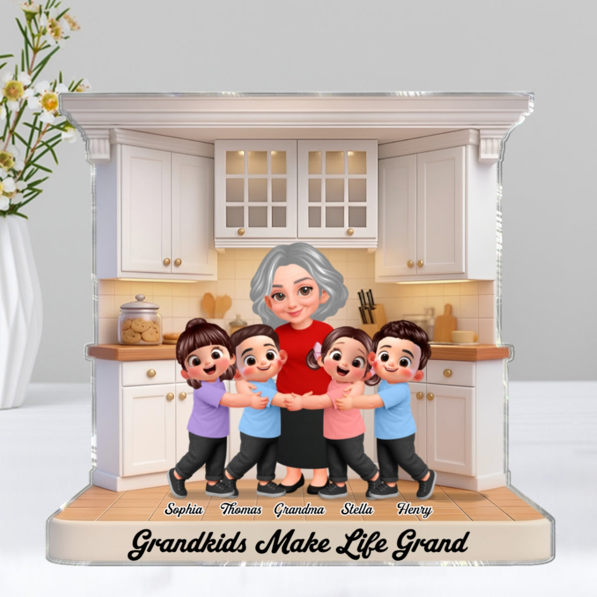 Grandma And Grandkids Happy Together In The Kitchen - Personalized Acrylic Block Plaque - Gift For Grandma
