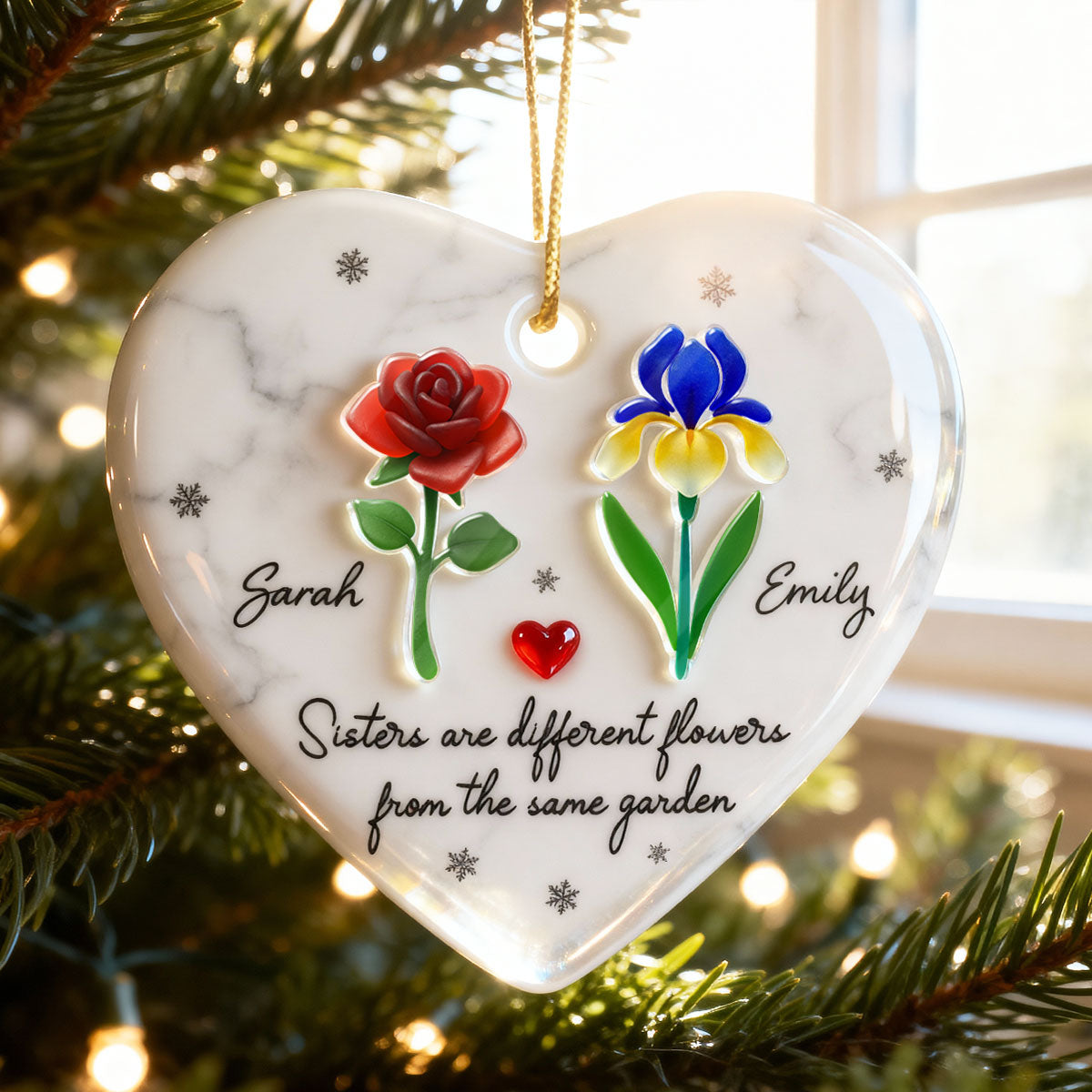3D Effect Sea Glass Sisters Are Different Flowers from the Same Garden - Personalized Ceramic Ornament with Acrylic