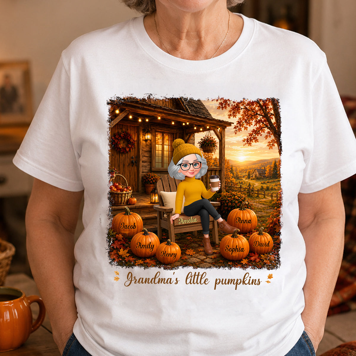 Grandma Sitting On Porch Grandkids - Personalized Shirt - Fall Season Gift, Gift For Grandma