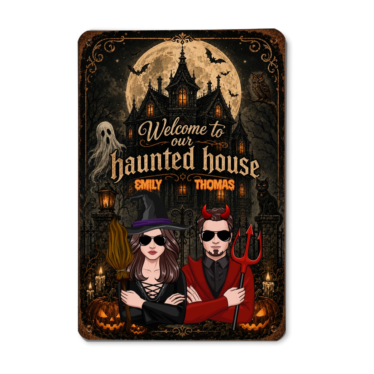 Welcome to Our Haunted House - Personalized Metal Sign - Halloween Decor for Couples