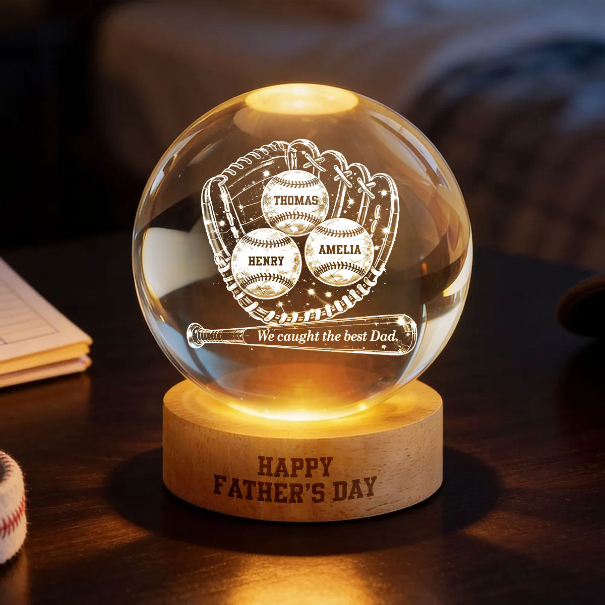Happy  Baseball Dad - Personalized Crystal Ball LED Night Light -  Gift for Dad, Husband