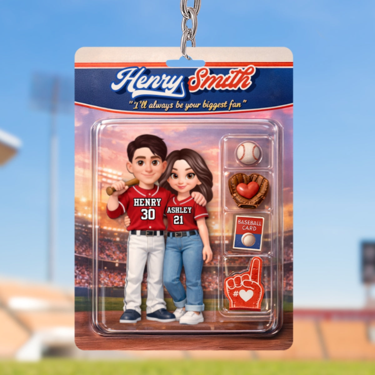 Baseball Couple I'll Always Be Your Biggest Fan Custom Action Figure - Personalized Acrylic Keychain - Sentimental Gift for Him