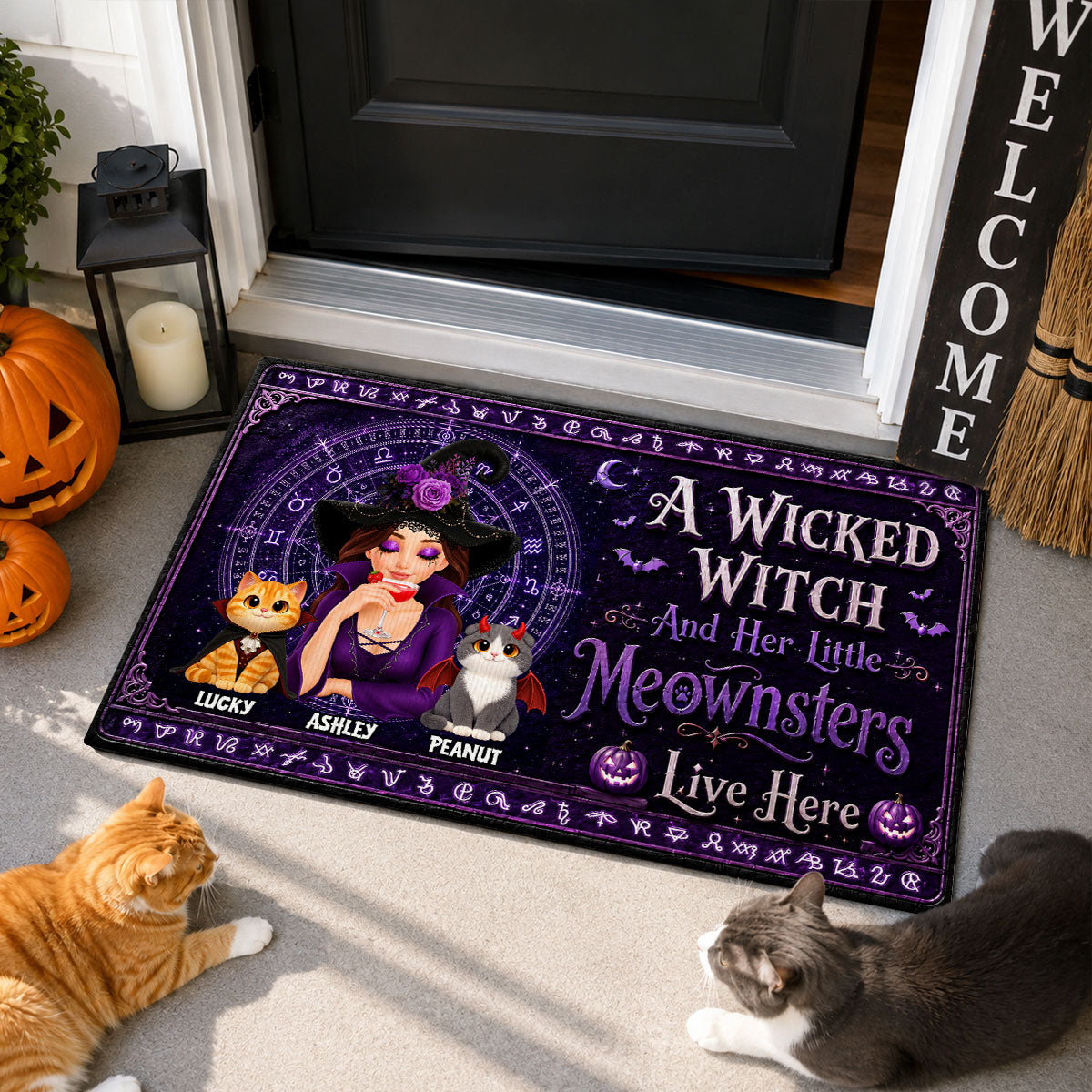 A Wicked Witch And Her Little Meownsters Live Here - Personalized Doormat - Halloween Decor Gift, Gift For Cat Lovers