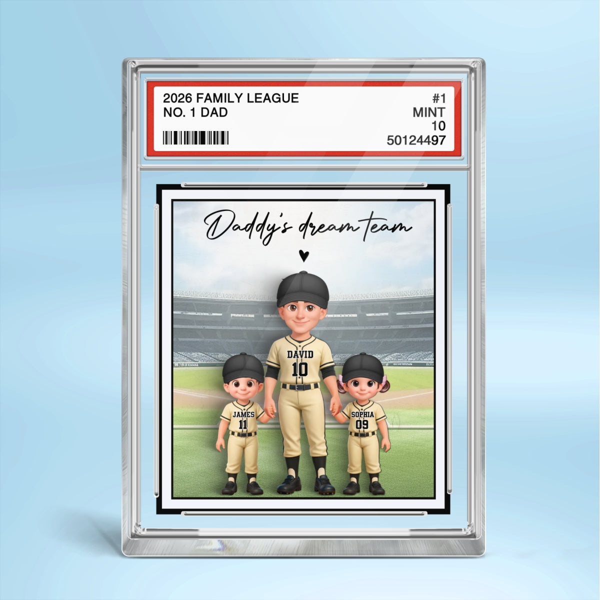 Baseball No. 1 Dad Man & Kids Standing On Court Trading Card Style - Personalized Acrylic Block Plaque -  Gift For Baseball Dad