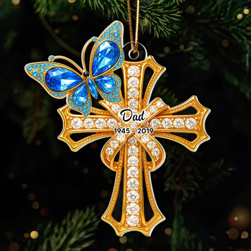 Memorial Blue Monarch Butterfly On Cross - Personalized Acrylic Ornament - Christmas Gift for Loss Of Loved Ones