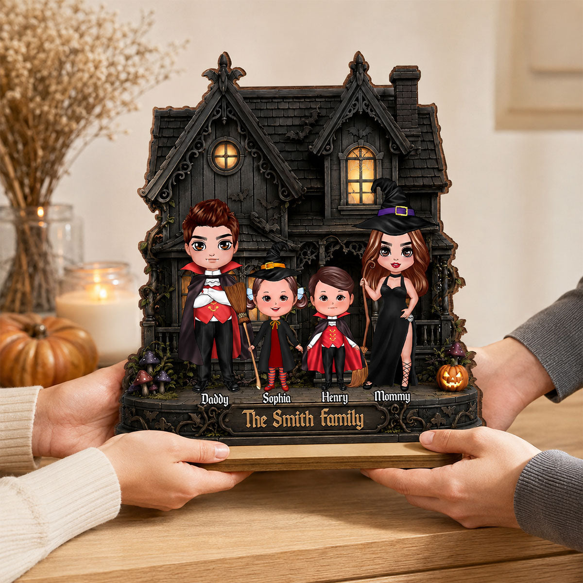 Family Haunted House - Personalized 2-Layered Wooden Plaque - Halloween Spooky Gothic Home Decor