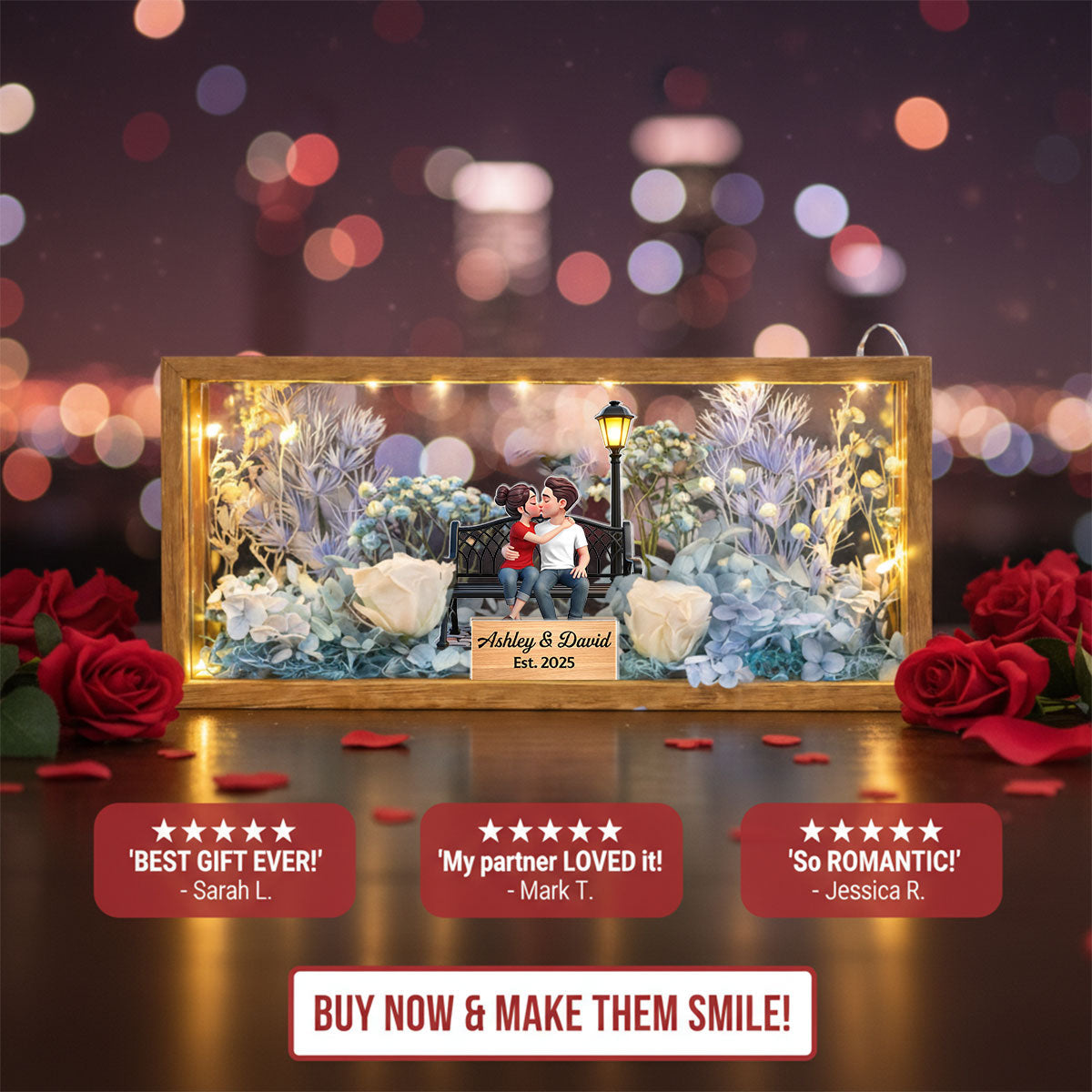 Eternal Love Couple Sitting Kissing - Personalized DIY Flower Shadow Box LED Night Light - Gift For Couple, For Him, For Her